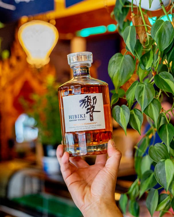 Bottle of Hibiki Japanese whisky at the bar